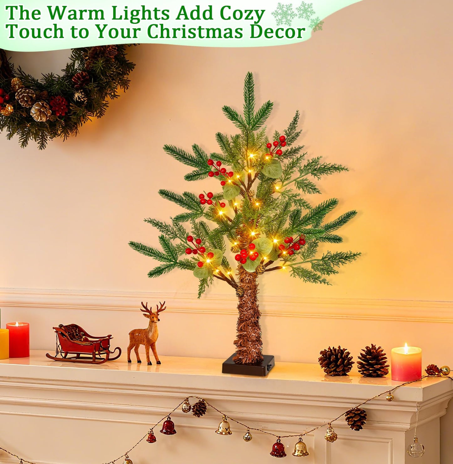 24" /2FT Tabletop Christmas Tree with Lights Timer, USB or Battery Powered, Prelit Small Christmas Trees with Realistic Norfolk Pine &Cypress Tips 24LED Berries Pinecones Xmas Indoor Home Table Desk