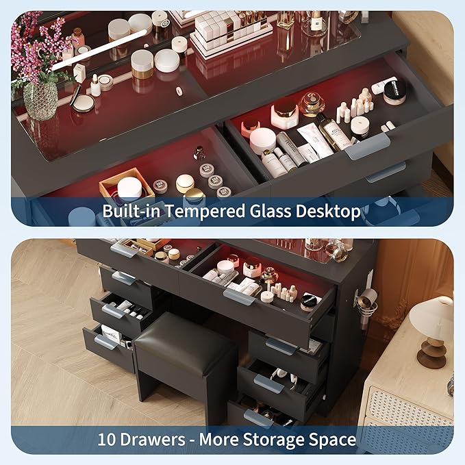 Vanity Desk with Large Mirror and Lights, Makeup Vanity Desk Set with Power Outlet, Stool, 10 Drawers Storage, Magnifying Glass, Hairdryer Holder, 3 Lighting Color Adjustable for Bedroom (Black)