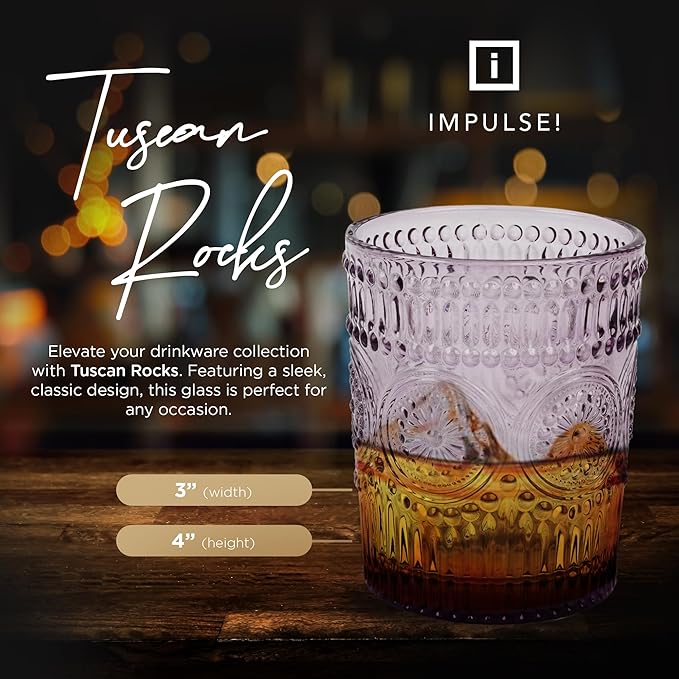 IMPULSE! Tuscan Rocks Glass Set - Purple, Dishwasher Safe, Chic Vintage Style - 8 oz - Ideal for Gin, Mixed Cocktails, Bourbon, Margaritas, Soft Drinks, Beer, Water - Mexican Style Glasses - Set of 4