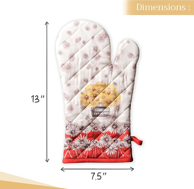 Maison d' Hermine Oven Gloves 100% Cotton Oven Mitt 7" x 13" with Loop Heat Resistant BBQ Cooking Gloves for Thanksgiving Christmas Decorations Baking Handling Hot Pans (Pack of 1, Bagatelle)
