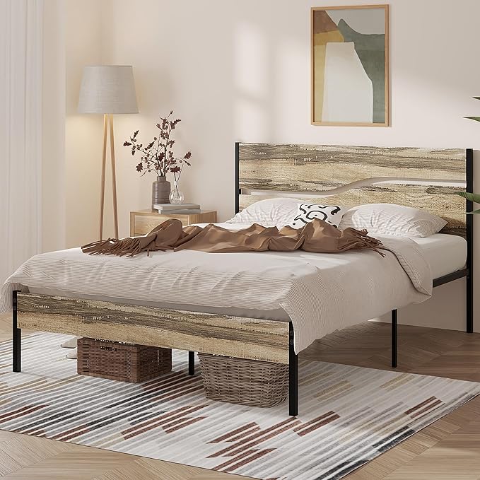 VECELO Full Size Platform Bed Frame with Headboard and Footboard, Solid and Strong Metal Support, No Box Spring Needed