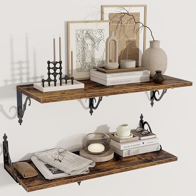 Deep Floating Shelves, 31" W x 12" D Wall Shelves Set of 2, Wide Display Shelf Wall Mounted with Brackets, Bookshelf for Living Room, Bathroom, Bedroom, Rustic Brown