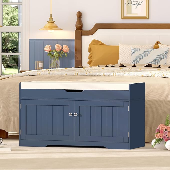 usikey Shoe Bench with Lift Top Storage, Storage Bench with Padded Seat Cushion, Entryway Bench with 2 Adjustable Shelves, for Entryway, Living Room, Bedroom, Blue