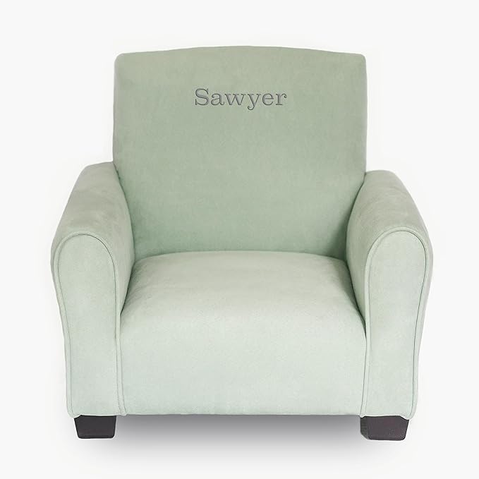 Toddler Personalized Armchair, Kids Upholstered Rocking Chair with Personalization, Toddler Chair with Personalized Name, Comfy Child Armchair, (Seafoam Green Suede, Legs)