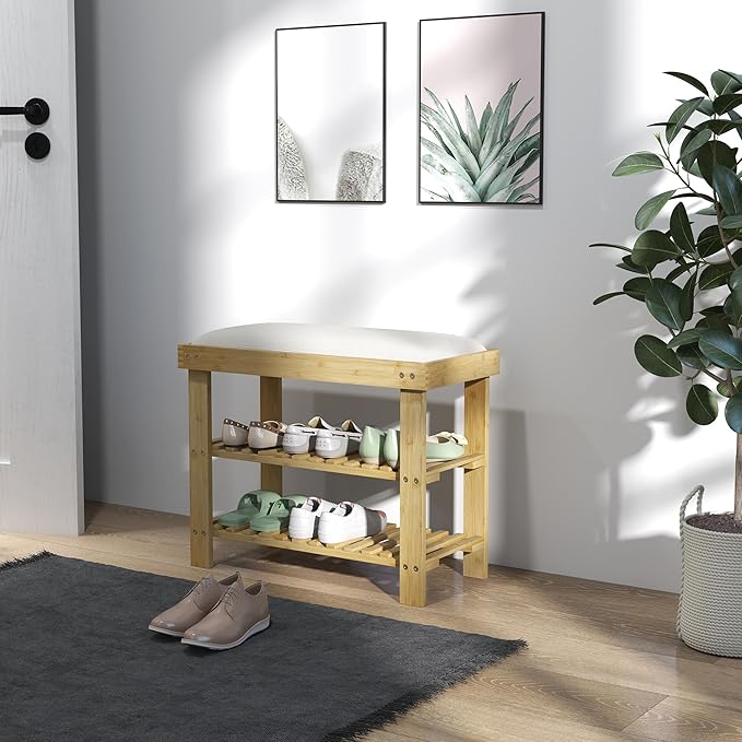 HOMCOM Bamboo Shoe Bench, 3-Tier Entryway Bench with Storage and Cushion, Shoe Organizer for Entryway, Hallway, Holds Up to 331 lbs, 23.6 x 11.4 x 19.3 Inches, Cream White