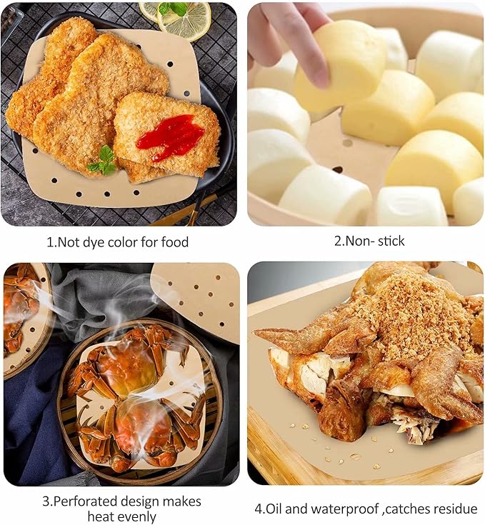 Air Fryer Parchment Paper Liners: 200PCS 8.5 inch Square Perforated parchment paper for Air Fryer, Premium Bamboo Steamer Liner for Air Fryers Baking Cooking Oven