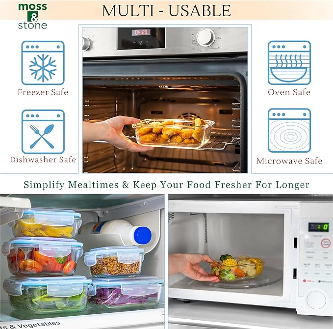 Moss & Stone 10-Piece Kitchen Glass Food Storage Containers Set with Lids, Clear Leak-Proof, BPA-Free Airtight Meal Prep Glass Containers – Oven, Freezer, Microwave & Dishwasher Safe