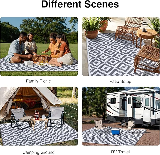 OLANLY Waterproof Outdoor Rug 6x9 ft, Outdoor Plastic Straw Rug for Camping, RV Mat Outside, Outdoor Carpet for Porch, Deck, Backyard, Balcony, Picnic, Grey & White