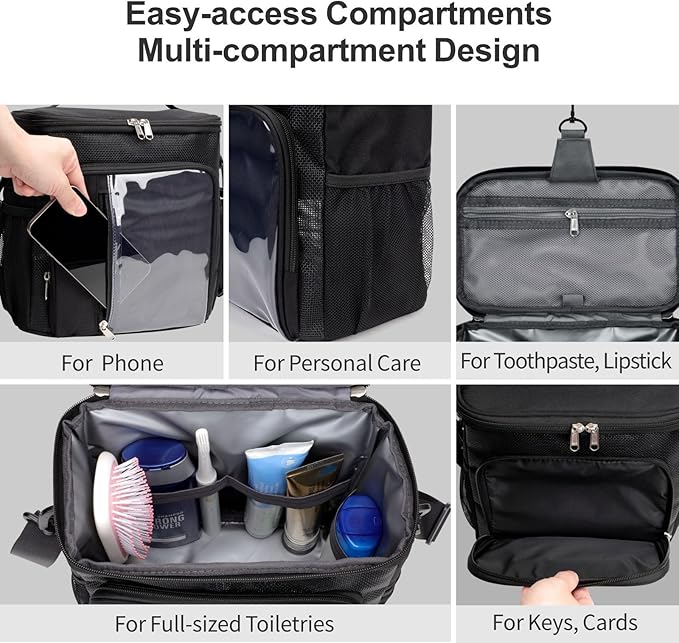 F-color Shower Caddy Portable - College Dorm Essentials for Guys with Hooks, Soft Crossbody Shoulder Strap, Multiple Pockets, Quick-Dry Shower Caddy for Dorm Travel Essentials, Black