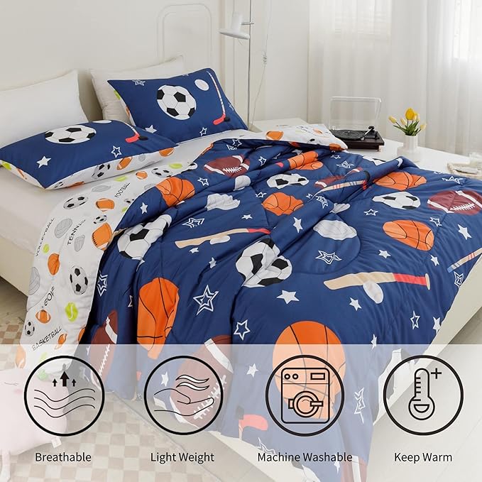 RYNGHIPY Kids Sports Theme Bedding Set, Basketball Football Baseball Tennis Print Comforter Set for Teens Boys Girls, Super Soft Lightweight (Balls,Queen)