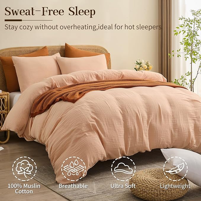 MEISHANG Muslin Duvet Cover Queen Size - 100% Organic Cotton, Soft Textured Gauze Weave Comforter Cover for Breathable All-Season with Zipper Closure - 3 Piece Set (Queen, Cameo Rose)