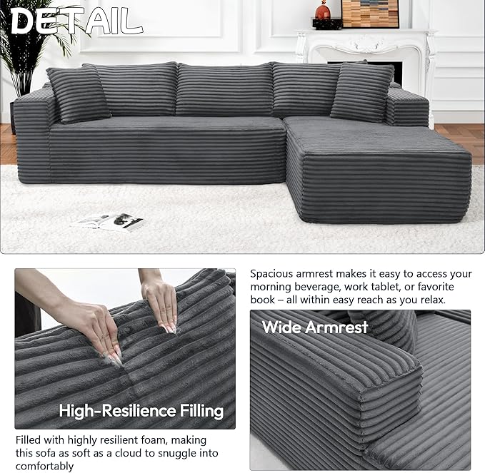 105" Cloud Sectional Couch with L-Shape Chaise,Modern Modular Sofa with Deep Seat, Fluffy Boneless Couches for Living Room Bedroom,No Assembly Required, Dark Gray (Plush Flannel Fabric)