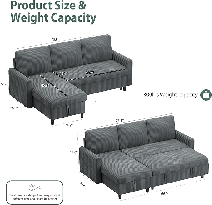 Sofa Bed Sleeper Pull Out 2 in 1 Sectional Sleeper Sofa Couches with Storage, Pullout Sectional Couches for Apartment Living Room