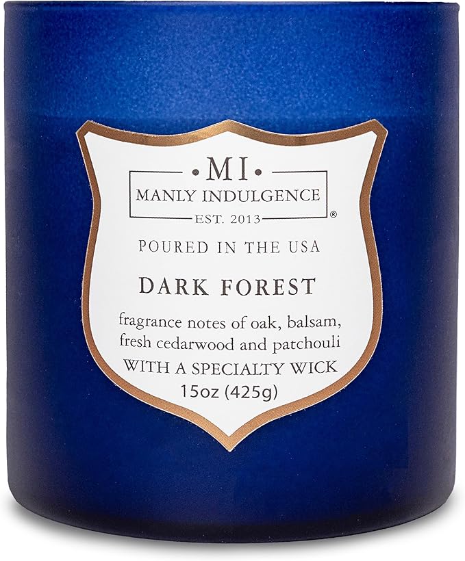 Manly Indulgence Dark Forest Scented Jar Candle for Men, Wood Wicked Candle, 15 oz - Oak, Balsam, Fresh Cedarwood & Patchouli - Up to 60 Hours Burn, Soy Blend Wax, USA Poured, Navy Blue