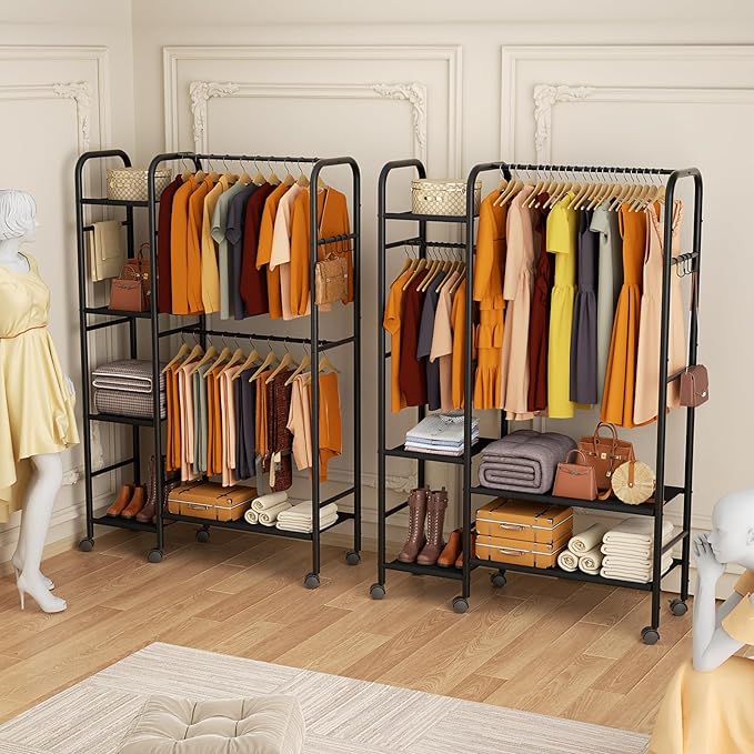 Portable Closets For Hanging Clothes,Wardrobe Closet Racks For Hanging Clothes,Sturdy Clothes Rack Heavy Duty,4-Tier Metal Freestanding Clothing Racks With Shelves, 45" X 16" X 69"