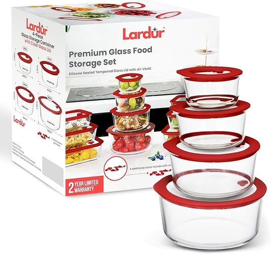 Glass Food Storage Containers with Glass Lids 4 Pack - Round Meal Prep Food Container Set with Airtight Lids - Microwave & Dishwasher Safe, 100% Plastic Free, Vented, Gift Packaged, Red Color