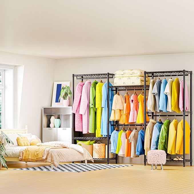 Heavy Duty Rolling Garment Rack 3 Tiers Adjustable Wire Shelving Clothes Rack with Rods Storage Closet Clothing Rack Black 15.7" D x 70.8" W x 76.5" H