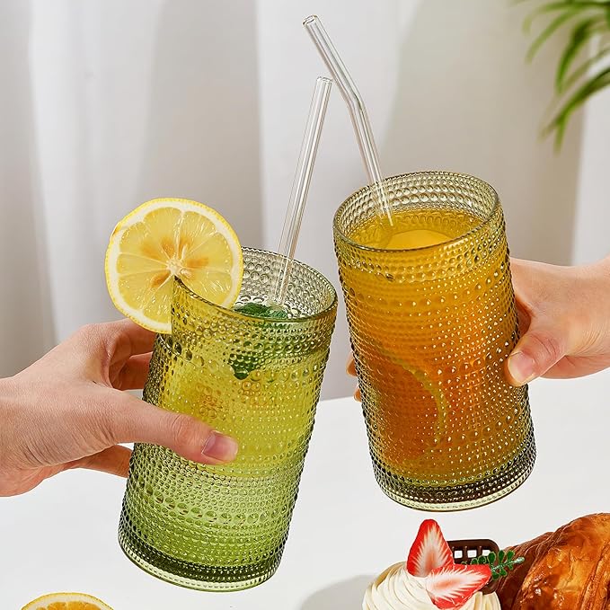 16oz Hobnail Drinking Glasses Set of 6, Vintage Large Capacity Embossed Green Tumblers, Highball Glasses for Water, Cocktail, Beer, Whiskey, Juice & Bar Use