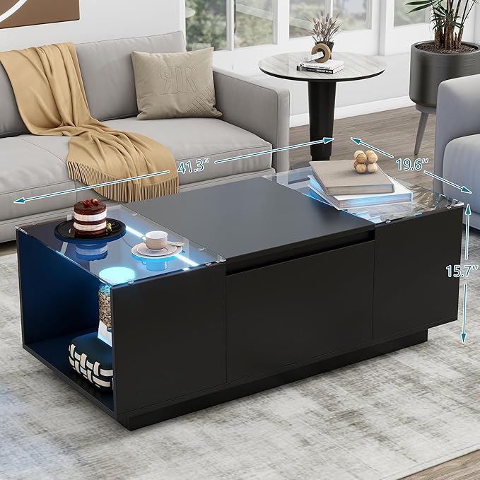 Modern High Gloss Coffee Table with Storage, 41.3-Inch Glass Top Center Cocktail Table with Drawers for Living Room, Black