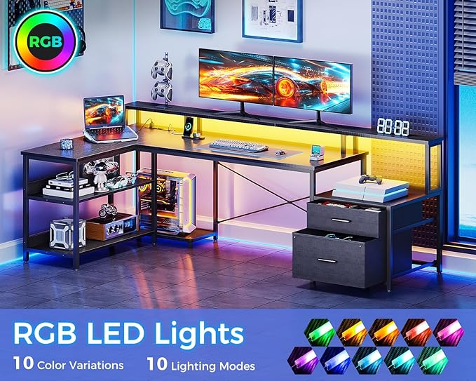 ODK L Shaped Desk with File Drawer, 75" Reversible L Shaped Computer Desk with Power Outlet & LED Strip, Office Desk with Storage Shelves, Gaming Desk with Monitor Shelf, Corner Desk, Black