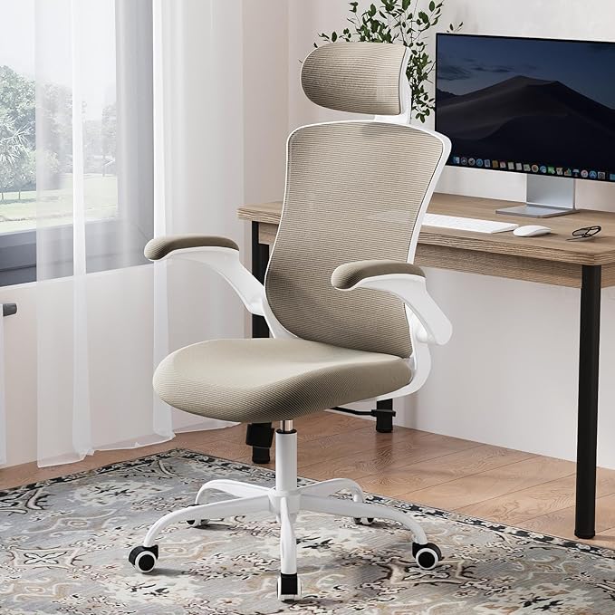 High Back Office Chair with Adjustable Lumbar Support & Headrest, Ergonomic Mesh Desk Chair with Flip-Up Armrests, Breathable & Comfortable Computer Chair for Home, Office & Study, Khaki