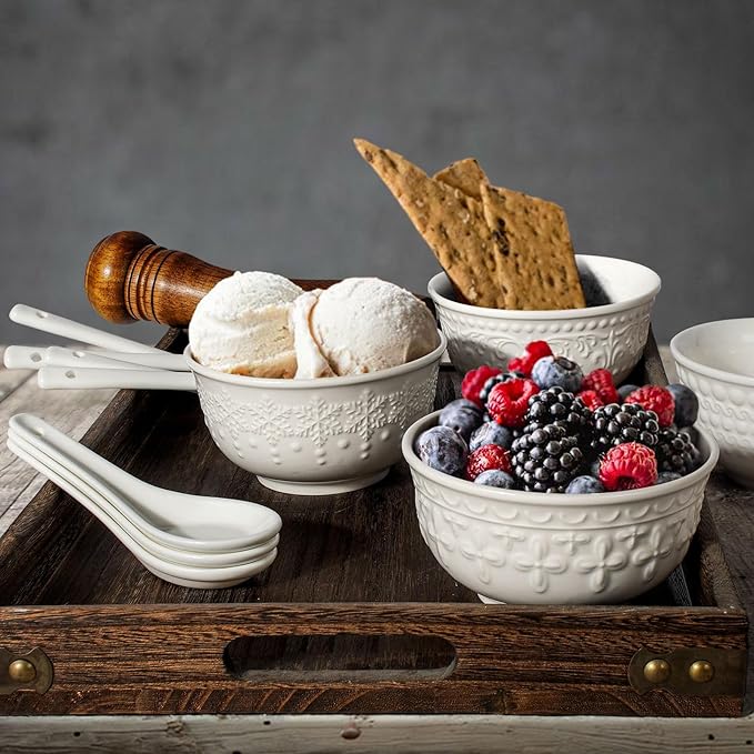 Small Ceramic Bowls - 14 Oz Ice Cream Bowls Set of 4, White Embossment Dessert Bowl for Kitchen, Soup, Side Dishes, Oatmeal, Rice, 4.75 Inch Microwave Oven Safe(Snowflake)