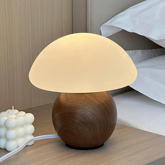 Mushroom Lamp Ceramic Base,WoodColour Cute 70s Mid Century Modern Decor Lamp for Bedroom,Small Abstract Table Bedside Glass Mood Coze Fun Warm Light