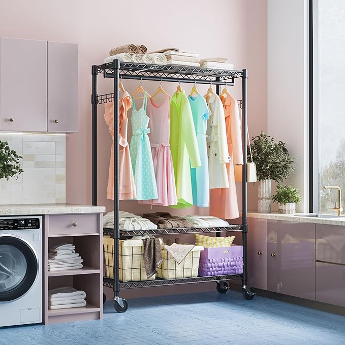 IZEUK Rolling Clothes Rack Heavy Duty, 3-Tier Garment Rack on Wheels for Hanging Clothes with 1 Rod, Metal Freestanding Adjustable Wardrobe Closet Organizer, 45.3" W x 15.7" D x 75.6" H, Black