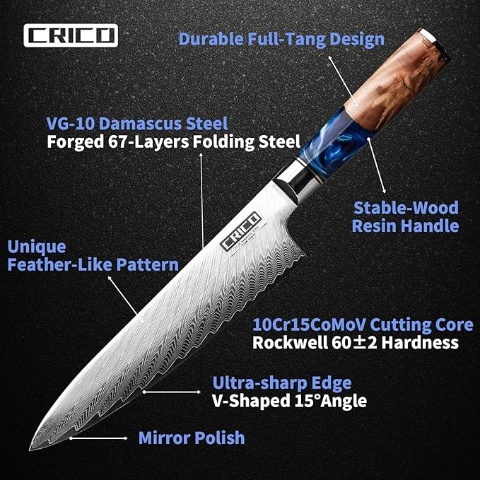 CRICO Damascus Chef Knife 8 inch, Professional Kitchen Knives with Sheath, Forged Japanese VG10 67-Layers Super Steel, Stable-Wood&Resin Handle, Razor Sharp, Gift Box - Flow Series