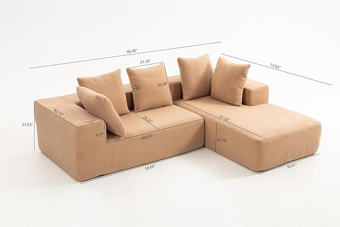 KEIKI L-Shape Cloud Sectional Sofa, 96” Modern Modular Boneless Couch with Left Chaise Lounge, Upholstered Couches for Living Room Bedroom, Brown