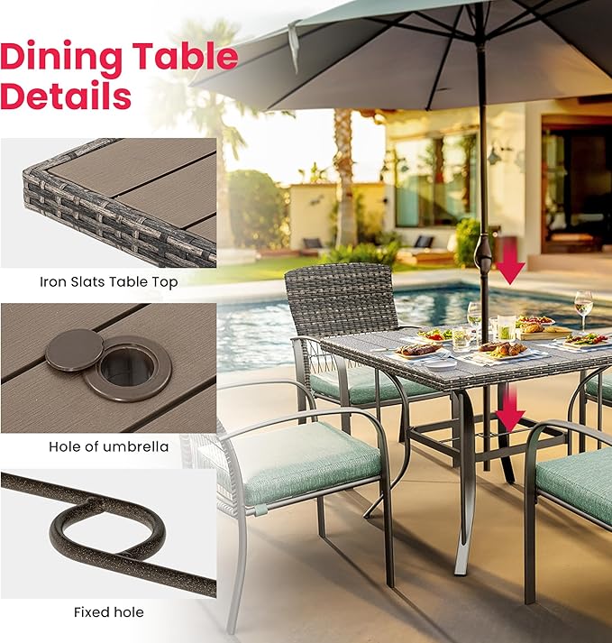 Pamapic 5 Piece Patio Dining Set, Green, Weather Resistant PE Rattan Table and Chairs, Comfortable Cushions, Easy Maintenance