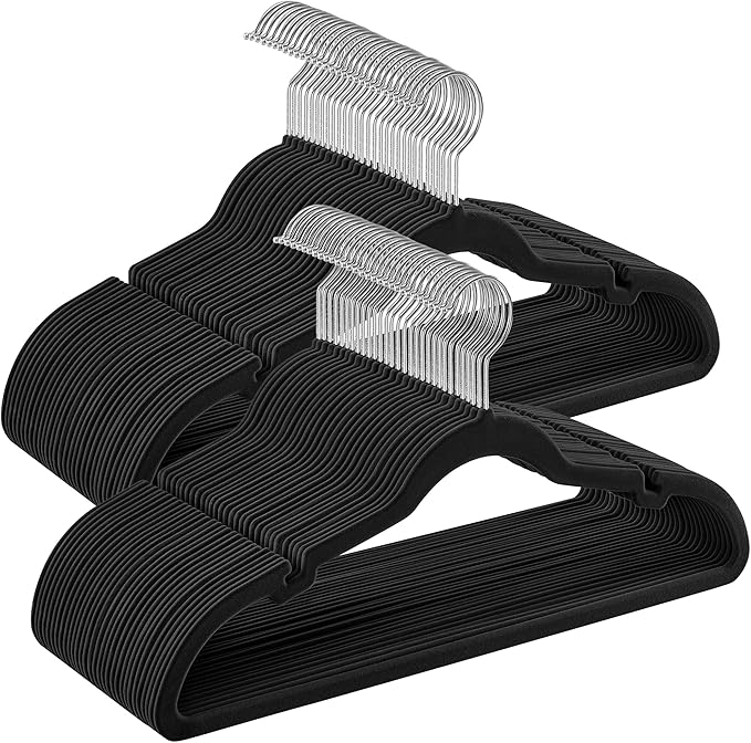 SONGMICS Velvet Hangers 60 Pack, Non-Slip Clothes Hangers, Suit Hangers with Shoulder Notches, Pants Bar, 360° Swivel Hook, Space-Saving, for Closet, Ink Black UCRF030B01