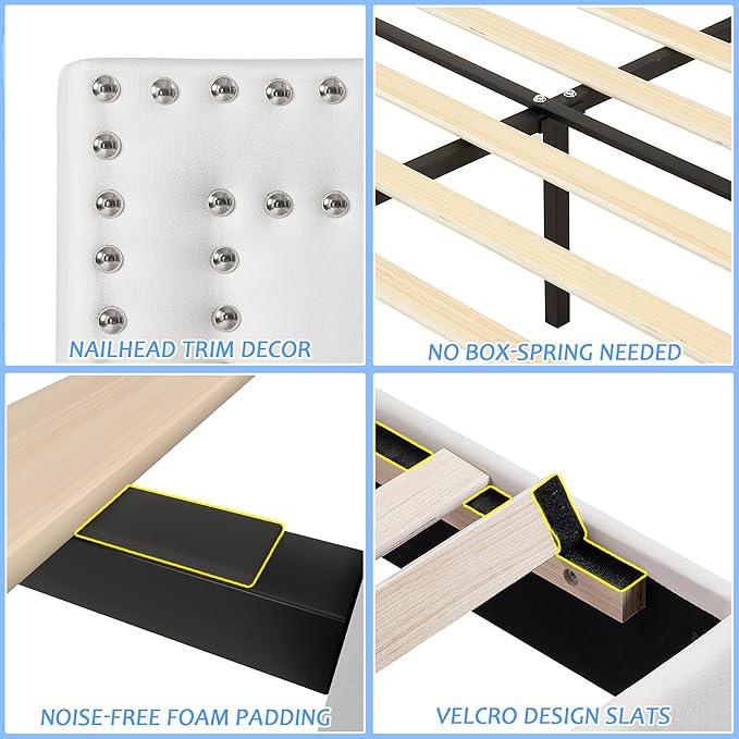 VECELO Full Size Bed Frame with Adjustable Upholstered Headboard, Wooden Slats Platform, Noise-Free Design, No Box Spring Needed, Easy Assembly