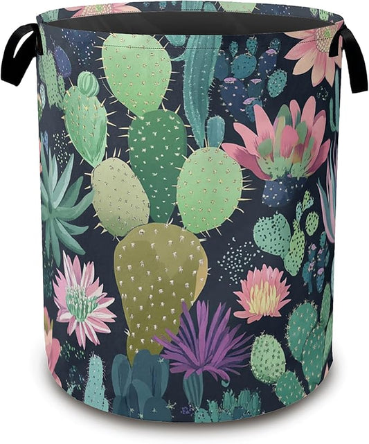 Blooming Cactuses Laundry Hamper,Collapsible Laundry Baskets,Tropical Succulents Dirty Clothes Baskets with Handles,Oxford Cloth Hamper for Bedroom,Bathroom,College Dorms, 16"x20"