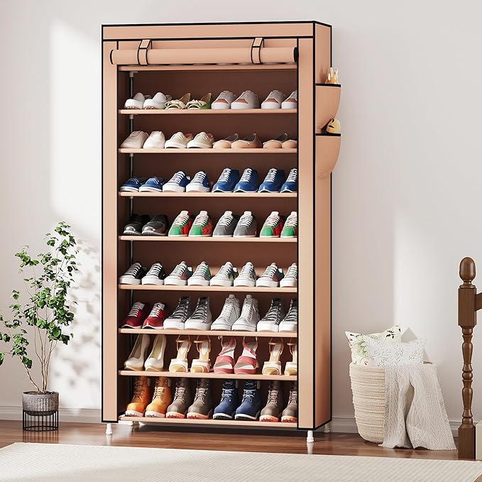 Laiensia 9-Tier Vertical Shoe Rack Organizer, Space Saving Shoe Storage Organizer, Non-Woven Cover Shoe Shelf Holds 36-45 Pairs for Bedroom, Hallway, Closet Entryway, Brown