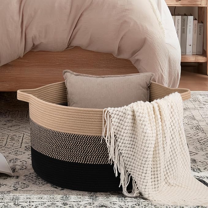 OIAHOMY Extra Large Storage Basket, 23" x 13" Woven Blanket Storage for Living Room, Round Laundry Basket for Pillow-Yellow and Black