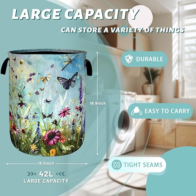 Colorful Flowers Laundry Basket Foldable Oxford Cloth Colorful Dargonfly Laundry Hamper With Handle Portable Clothes Storage Basket 18.9 X 16.5 Inch Storage Bag For Laundry Room/Bathroom/Bedroom