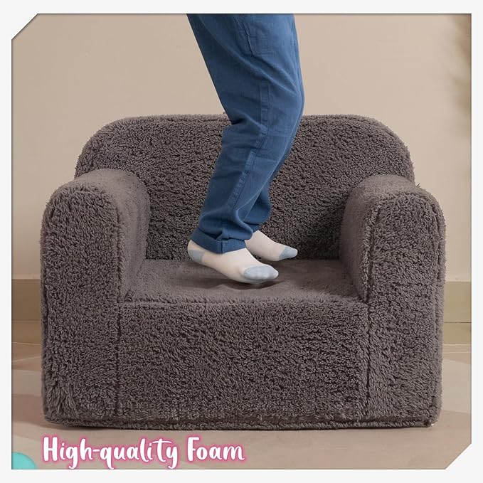 Kids Snuggly-Soft Sherpa Chair, Cuddly Toddler Foam Chair for Boys and Girls, Grey