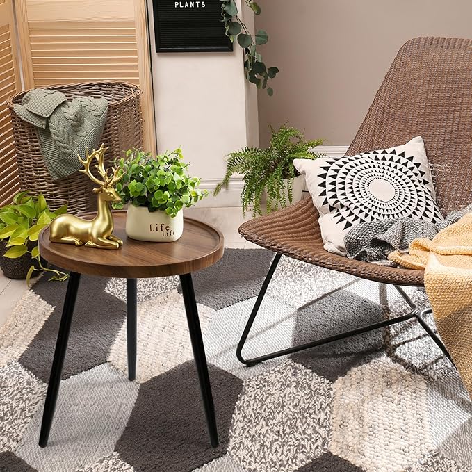 danpinera Round Side Table, Metal Legged Accent Table with Wooden Tray, Small Round End Table for Living Room, Bedroom, Nursery, Brown & Black