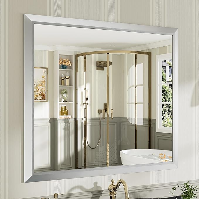 40x36 Inch Silver Bathroom Mirror for Wall, Thick Metal Framed Rectangle Mirrors for Over Sink, Bedroom, Living Room, Entryway, Anti-Rust, HD Tempered Glass