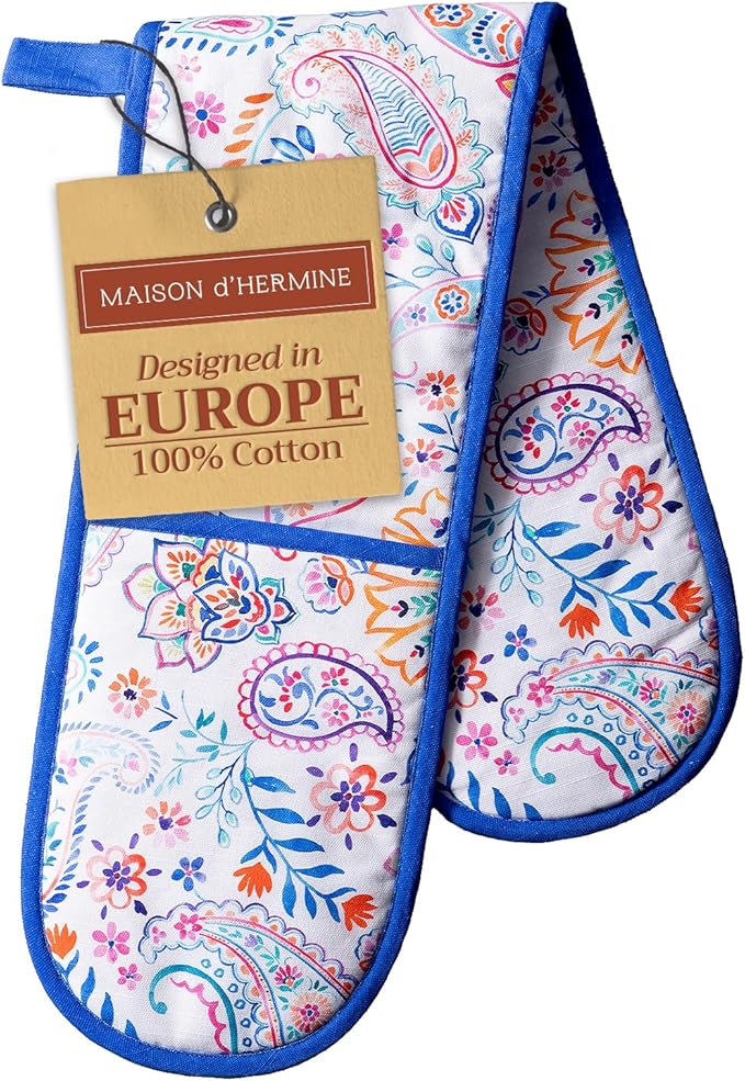 Maison d' Hermine Double Oven Mitts 100% Cotton 7"x35" Double Oven Mitt Heat Resistant BBQ Cooking Gloves with Loop, Baking, Grilling, Home, Kitchen, Handling Hot Pans Spring Summer (Indian Floral)