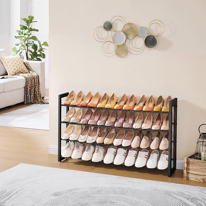 FAVOOSTY 4-Tier Expandable Shoe Rack, Adjustable Shoe Shelf Storage Organizer Space Saving Metal Free Standing Shoe Rack for Entryway Closet Doorway, Black