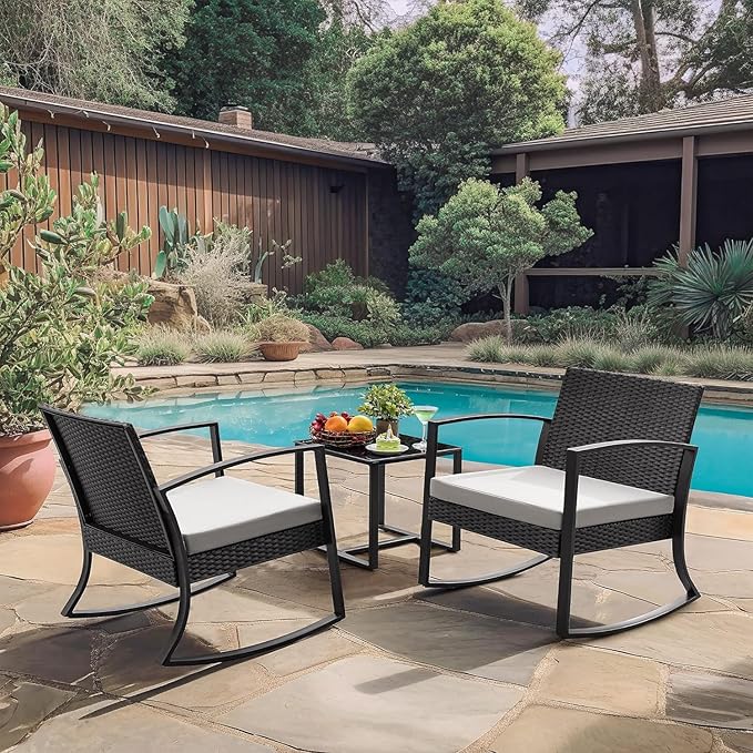 Homall Patio Furniture Set 3 Piece Resin Outdoor Bistro Set Rocking Patio Chairs with Cushions and Table for Porch, Poolside, Balcony and Yard (White)