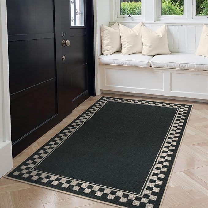 OJIA Easy Jute Outdoor Rug 3x5 Washable Rugs for Entryway, Checkered Border Black Front Door Rug Non-Slip Door Mats Indoor Outdoor Rugs Farmhouse 3x5 Area Rug for Porch Outside Patio Living Room