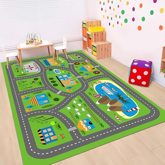 Kids Playmat Car Rug, Kids Play Rugs Town City Road Map Rug, Large Educational Car Mat, Boys Track Play Mat, Kid Rugs for Playroom Bedroom Living Room (Style 3, 59X 39.4 INCH)