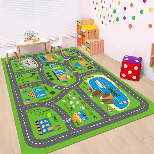 Kids Playmat Car Rug, Kids Play Rugs Town City Road Map Rug, Large Educational Car Mat, Boys Track Play Mat, Kid Rugs for Playroom Bedroom Living Room (Style 3, 78.7X 59 INCH)