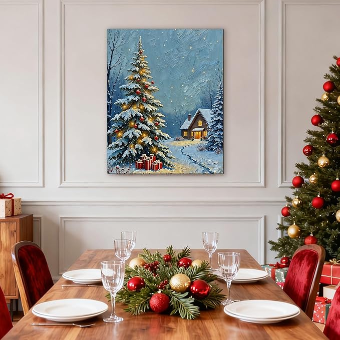 Framed Christmas Pictures Wall Decor,Vintage Pine Tree Prints,Winter Christmas Canvas Wall Art Decoration for Bedroom Bathroom Living Room Rustic Xmas Holiday Gifts (Christmas Tree 20, 12'' X 16'')