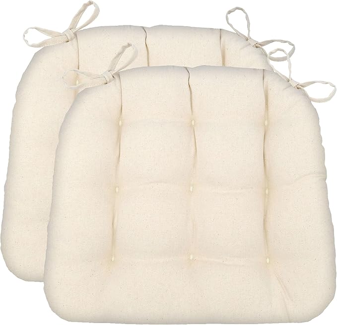 Barnett Home Decor Dining Chair Cushions with Ties – Size Small 15 x 17 - Latex Foam Fill, 100% Cotton, Machine Washable Chair Pads for Kitchen Chairs, Made in USA (Cotton Duck Natural/Pack of 2)