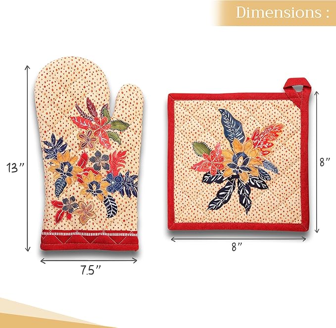 Maison d' Hermine 100% Cotton Oven Mitt & Pot Holder Set (7.5"x13" & 8"x8") Heat Resistant BBQ Cooking Gloves with Loop for Thanksgiving Christmas Decorations Handling Hot Pans (Kalahari)