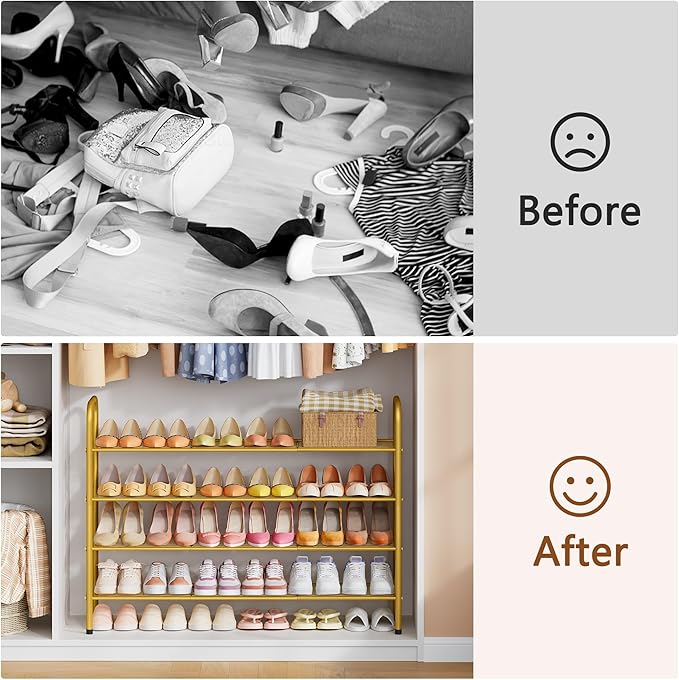 Hoctieon 4 Tier Mesh Style Shoe Rack, Entryway Shoe Shelf, Shoe Storage Organizer, Shoe Rack for Closet, Space Save for Bathroom, Garage, Hallway, Bedroom, Living Room, Gold